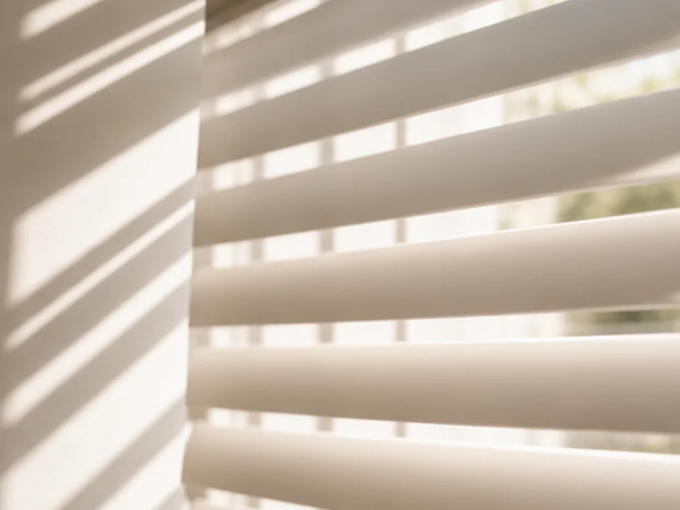 Sunlit clean blind slats creating architectural shadows