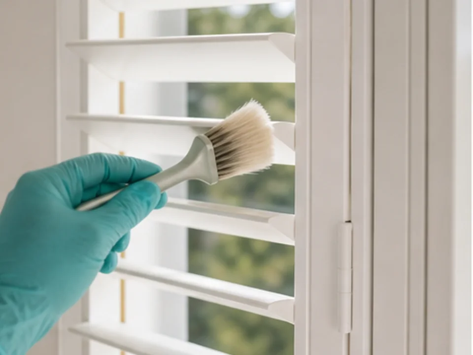 Plantation shutter detailing with a small brush
